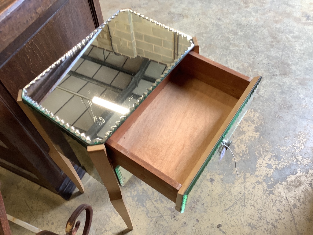 Mid century design. A French mirrored two drawer bedside table, width 42cm, depth 29cm, height 62cm